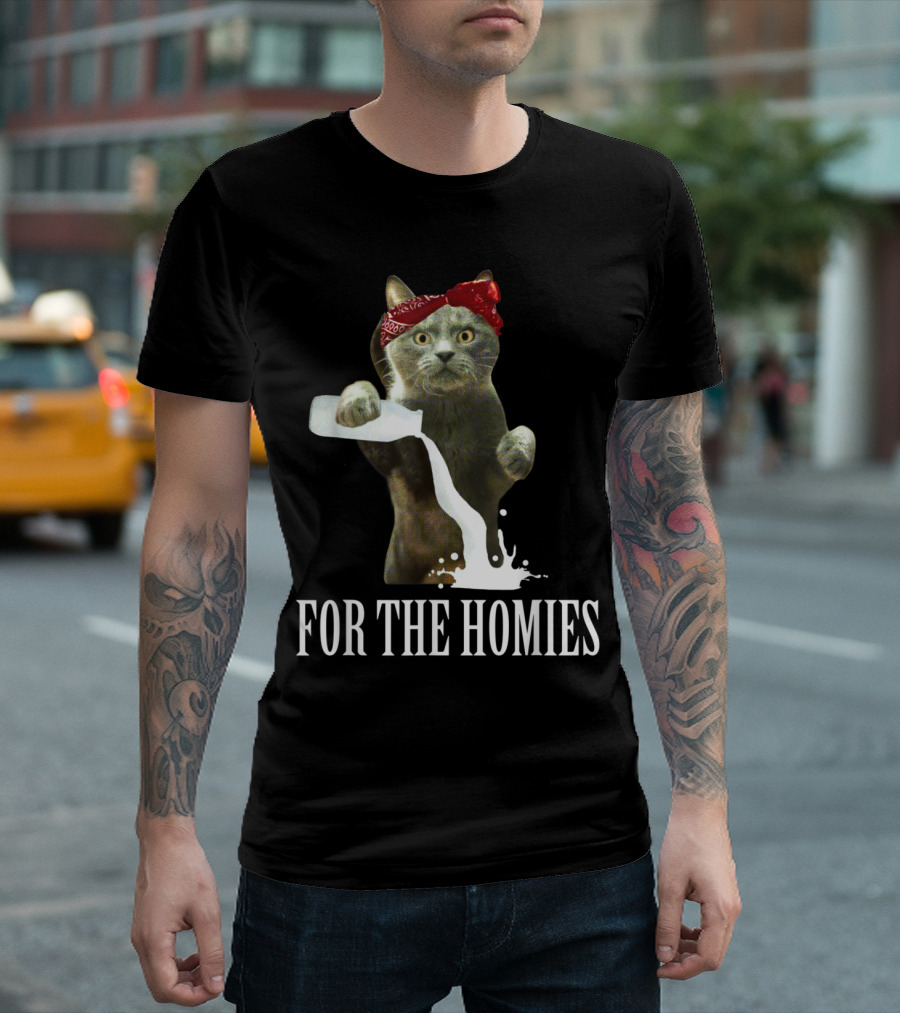 For The Homies Cat Funny Cat Pouring Milk With Bandana T-Shirt