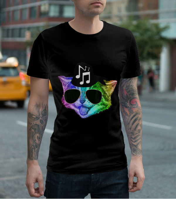 Colorful Rainbow DJ Music Kitty With Sunglasses And Hat For Feline Cat Lovers T-Shirt