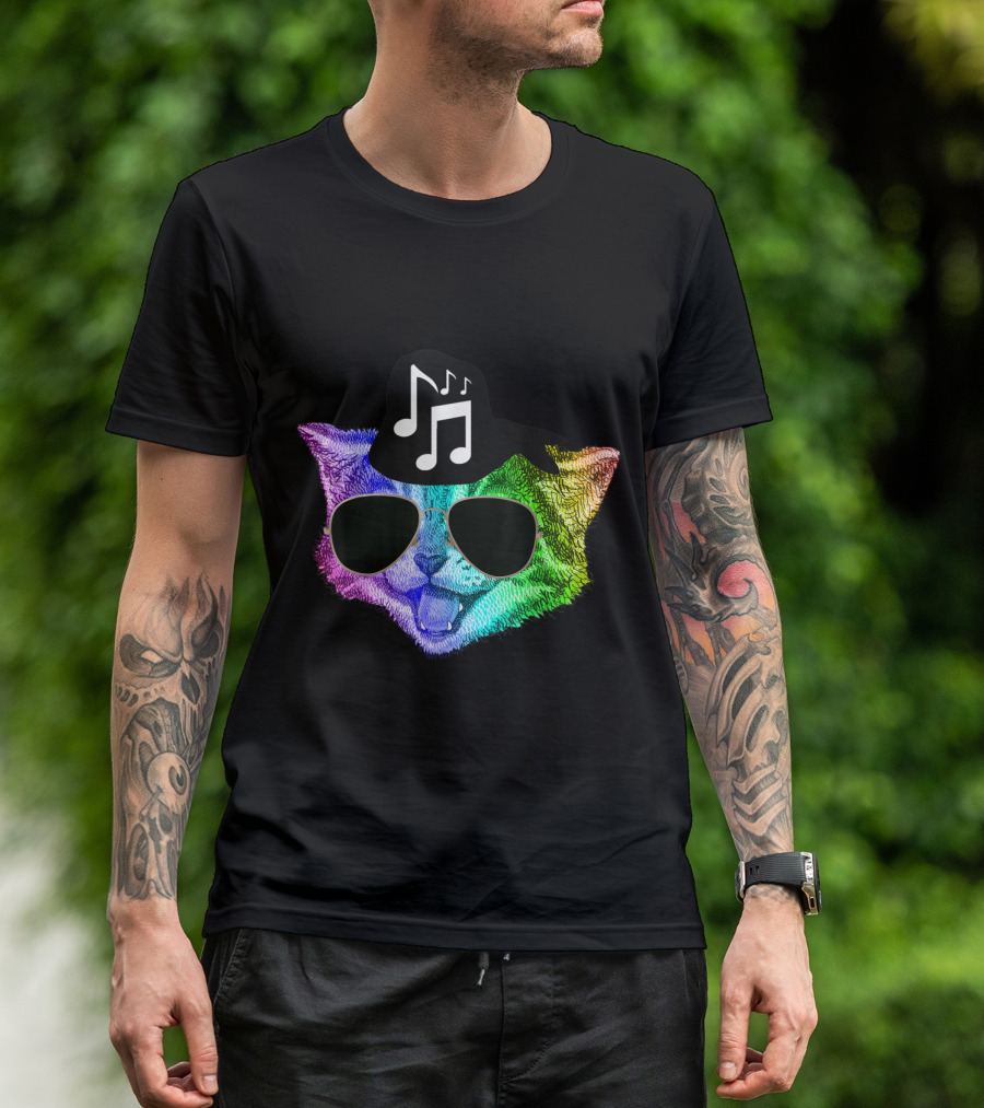 Colorful Rainbow DJ Music Kitty With Sunglasses And Hat For Feline Cat Lovers T-Shirt