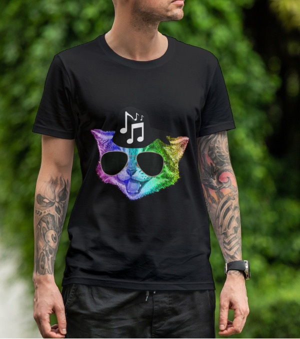 Colorful Rainbow DJ Music Kitty With Sunglasses And Hat For Feline Cat Lovers T-Shirt
