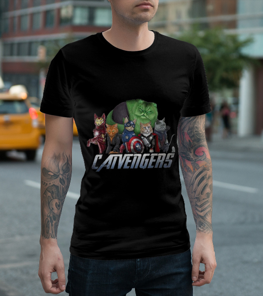 Catvengers Parody Cat Lovers Pun Featuring Hero Cats In Cosplay T-Shirt
