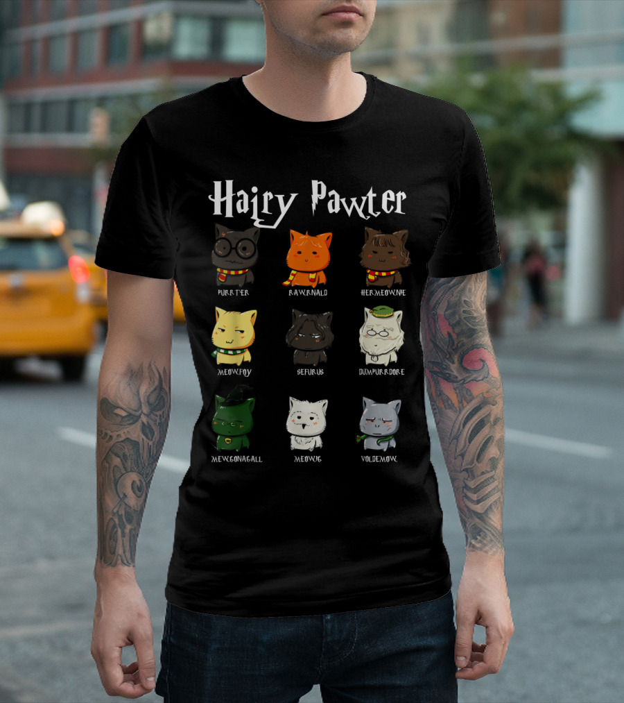 Hairy Pawter Purrter Rawrnald Hermeowne Meowfoy Seferus Dumblepurr Meowgonagall Meowg VoldeMew T-Shirt