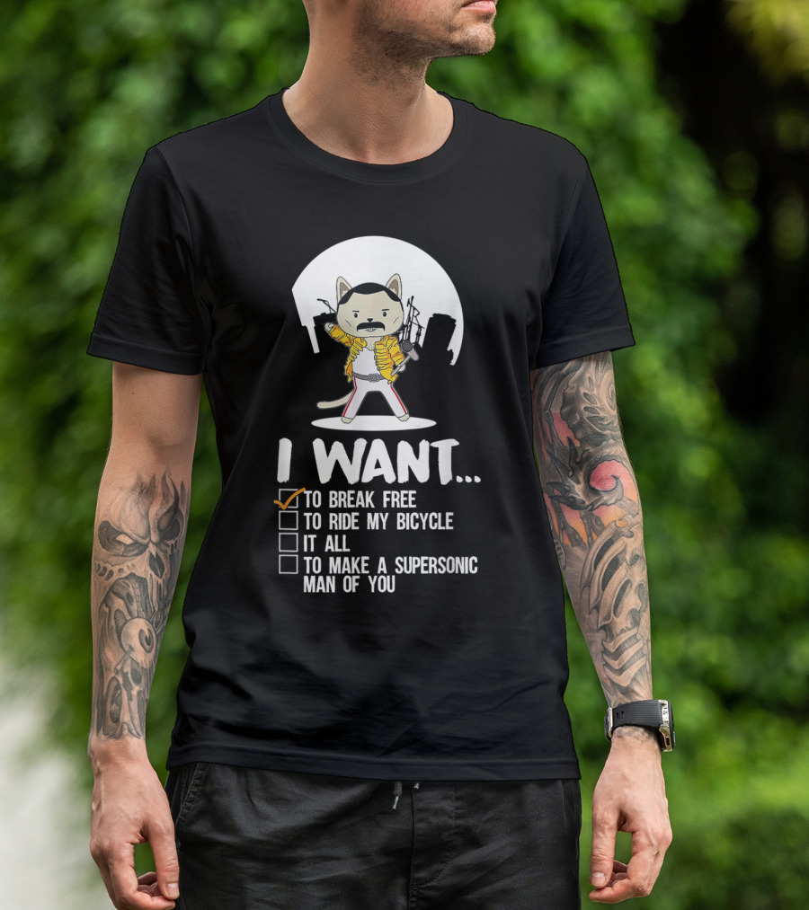 I Want To Break Free Funny Cat Costume Parody Iconic Rock Concept T-Shirt