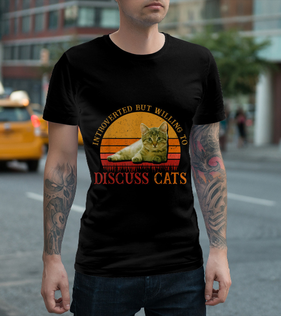 Introverted But Willing To Discuss Cats With Vintage Sunset Cat T-Shirt