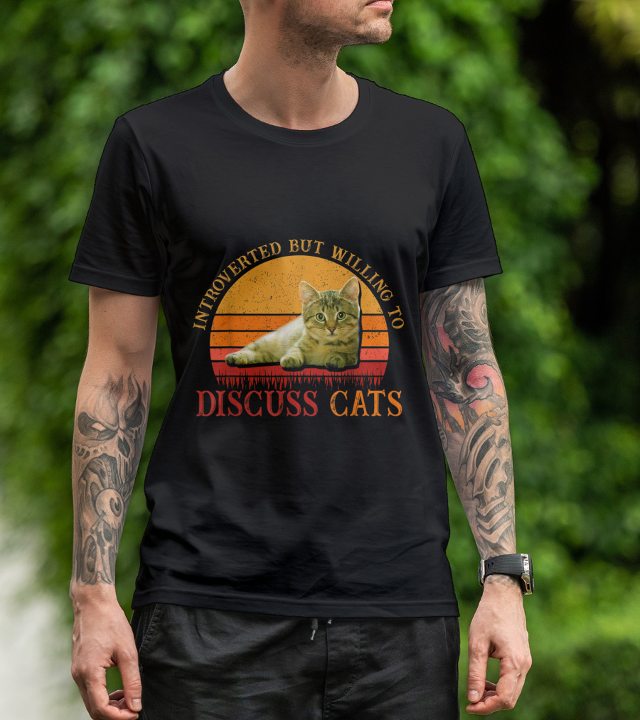 Introverted But Willing To Discuss Cats With Vintage Sunset Cat T-Shirt