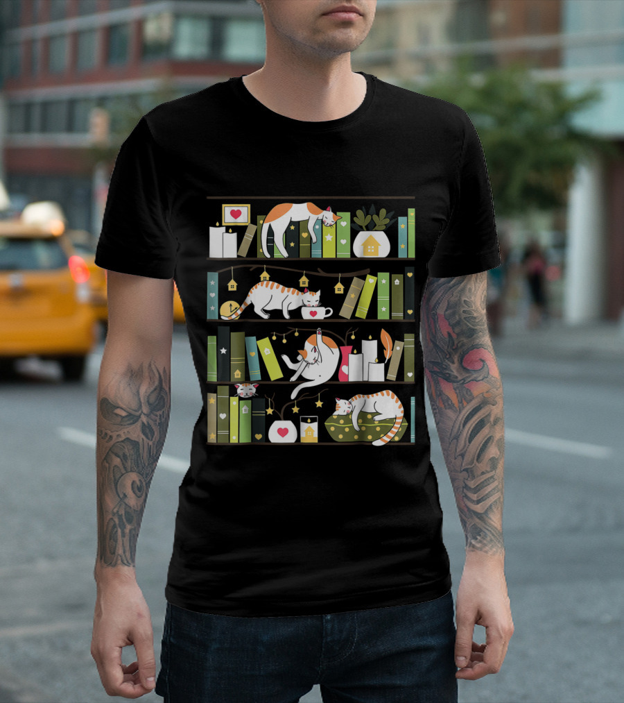 Library Cats Delightful Shelves Adorable Cats Book Lovers Day Charm T-Shirt