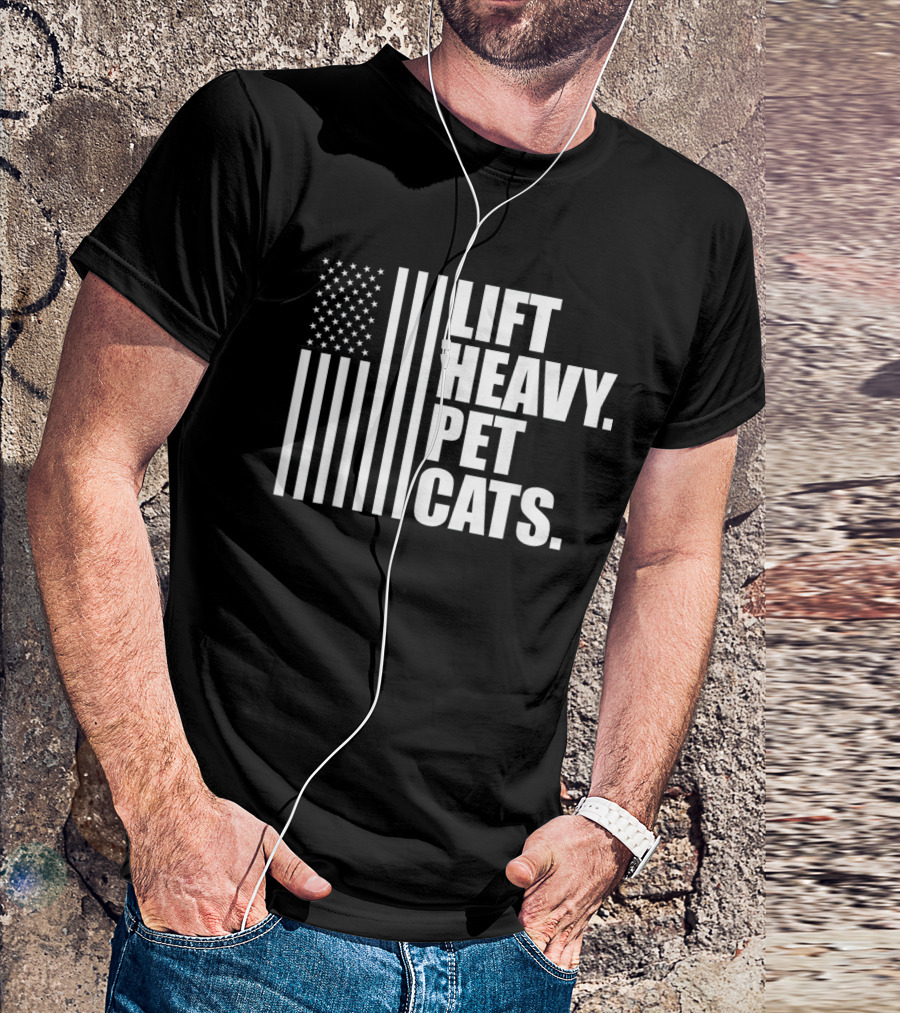 Lift Heavy Pet Cats American Flag Weightlifters T-Shirt