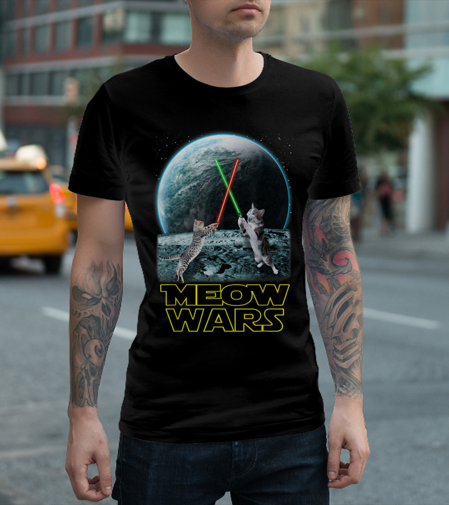 Meow Wars Funny Cats Lovers Galactic Duel with Light Sabers T-Shirt