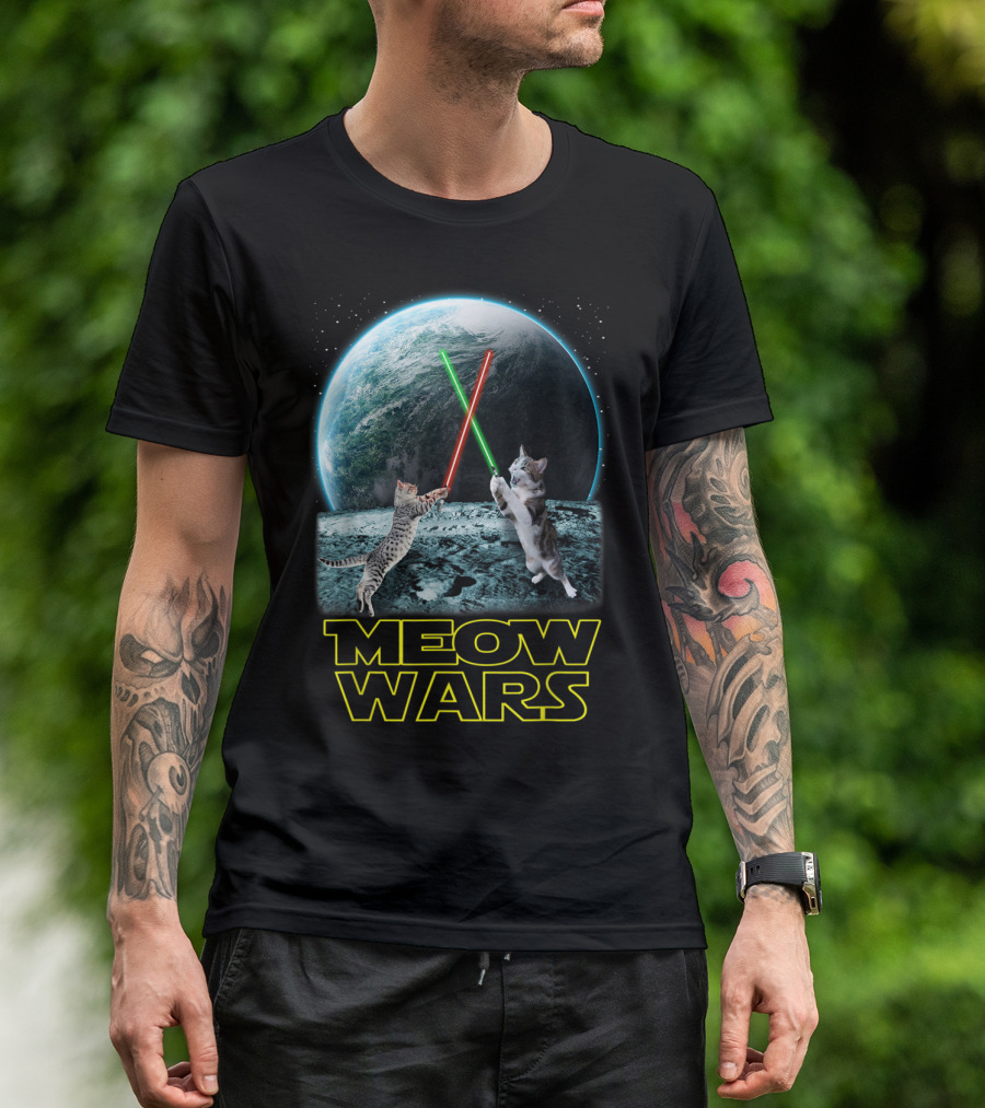 Meow Wars Funny Cats Lovers Galactic Duel With Light Sabers T-Shirt