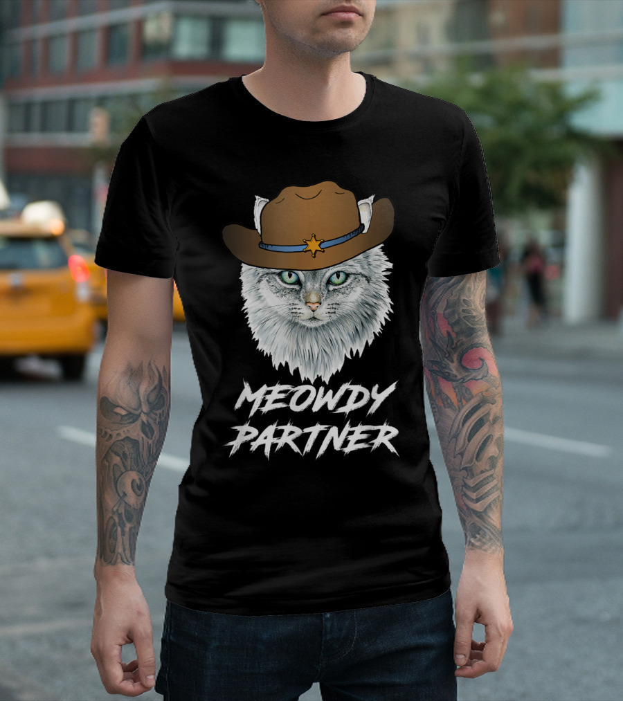 Meowdy Partner Cowboy Cat with Sheriff's Hat and Star Badge T-Shirt