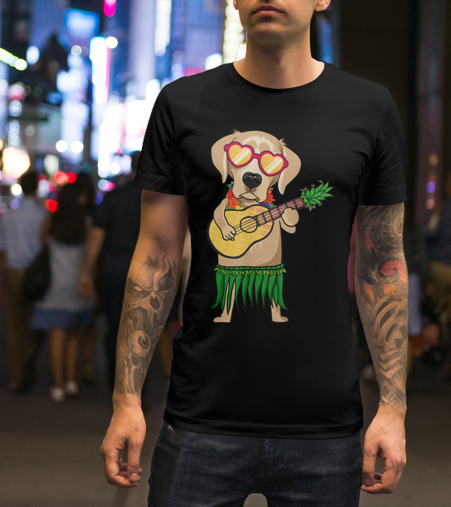 Labrador Retriever Ukulele Playing In Hawaiian Costume With Sunglasses Summer Vibes T-Shirt