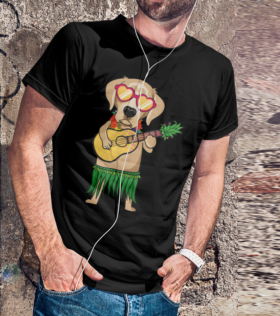 Labrador Retriever Ukulele Playing In Hawaiian Costume With Sunglasses Summer Vibes T-Shirt