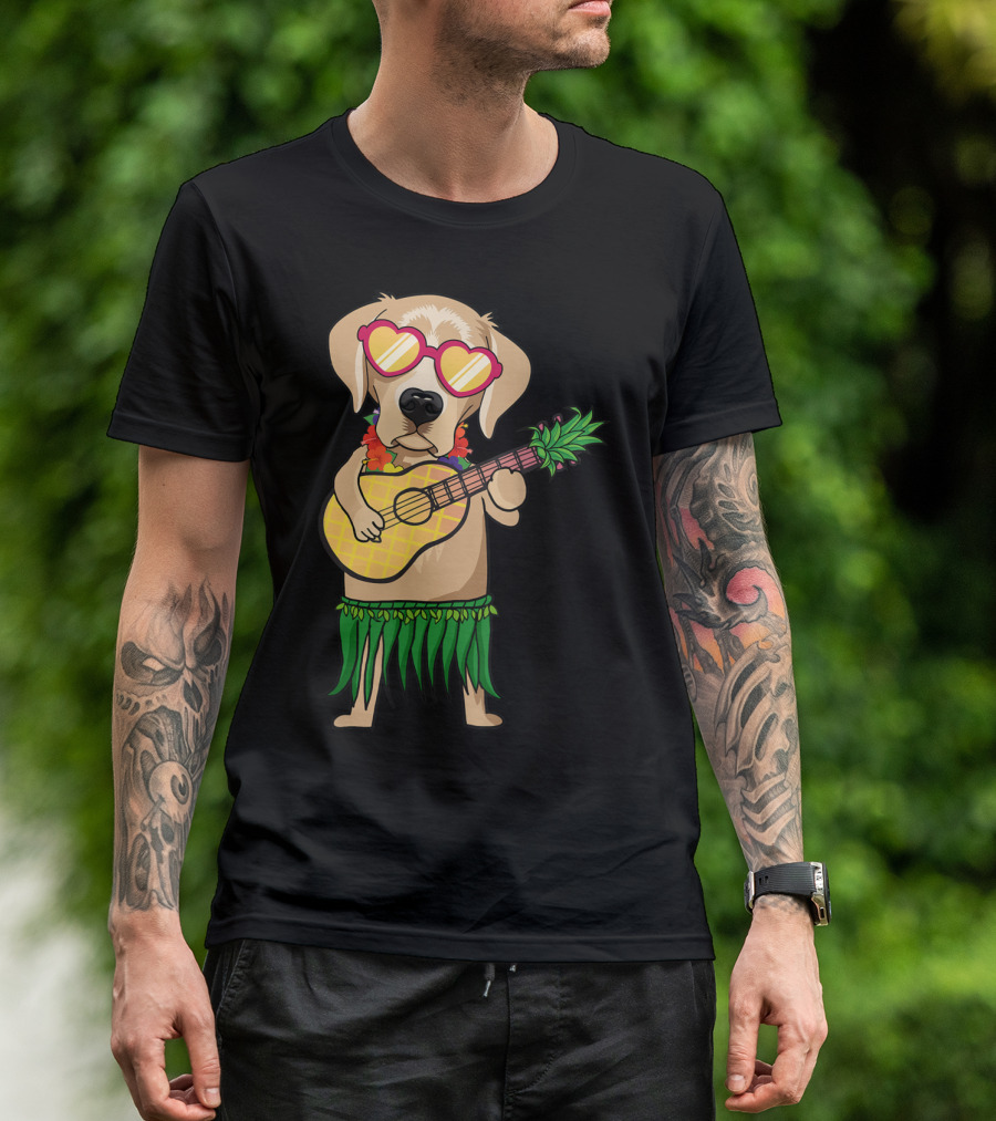 Labrador Retriever Ukulele Playing In Hawaiian Costume With Sunglasses Summer Vibes T-Shirt