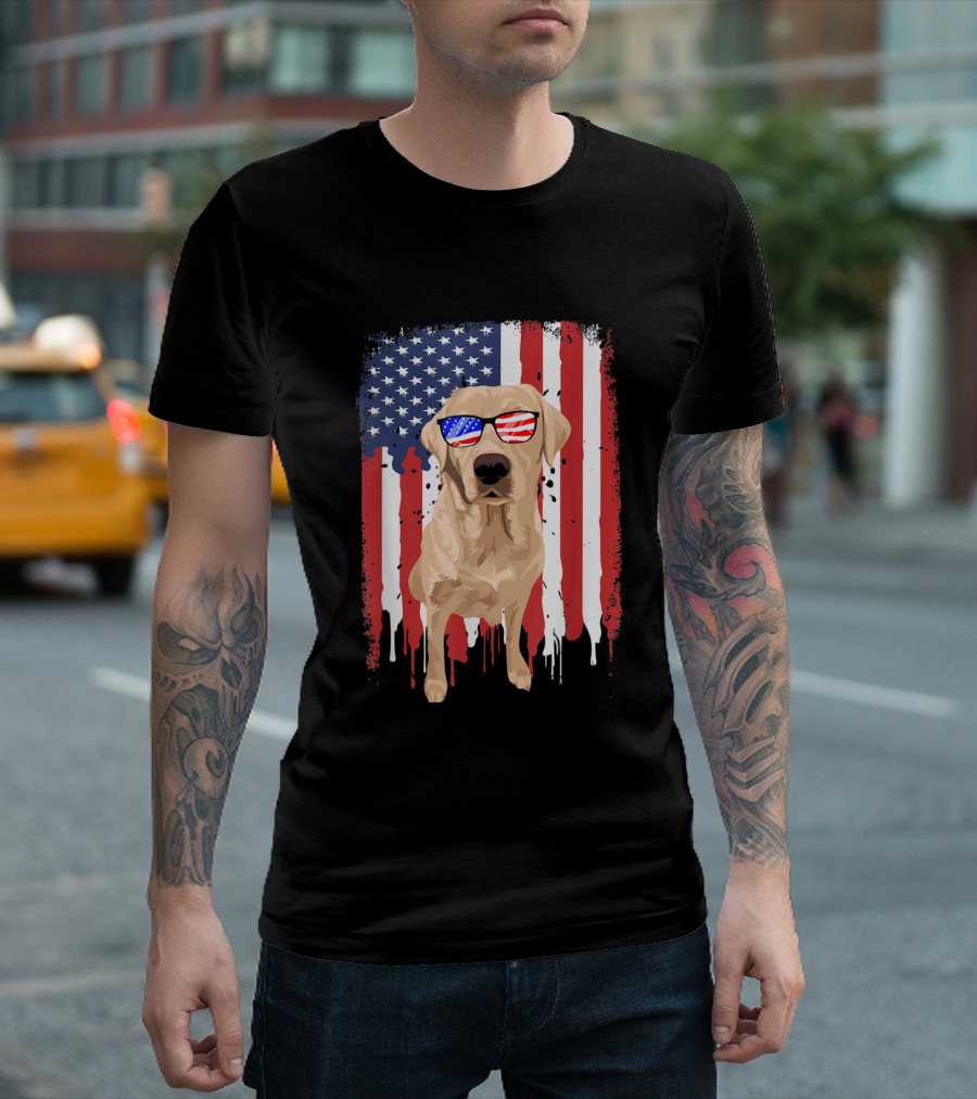 Labrador Retriever USA Flag Sunglasses 4th July Independence Day T-Shirt