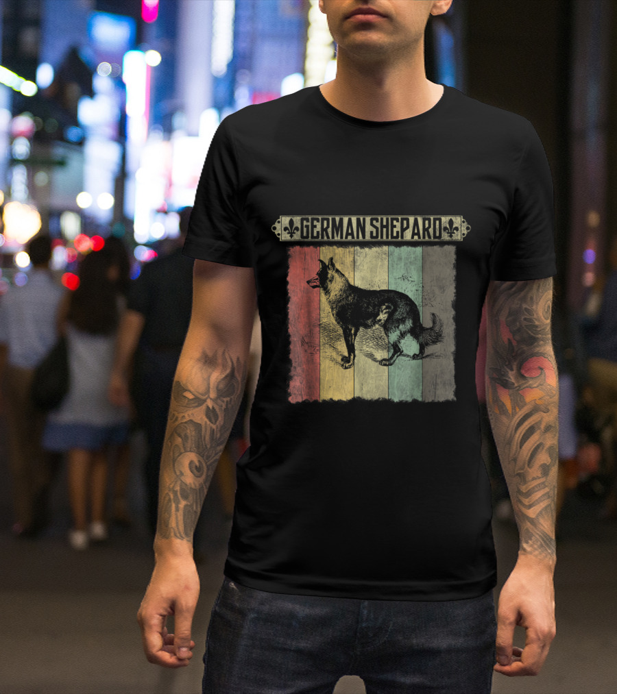 German Shepard Vintage Retro Distressed Style With Colorful Stripes T-Shirt