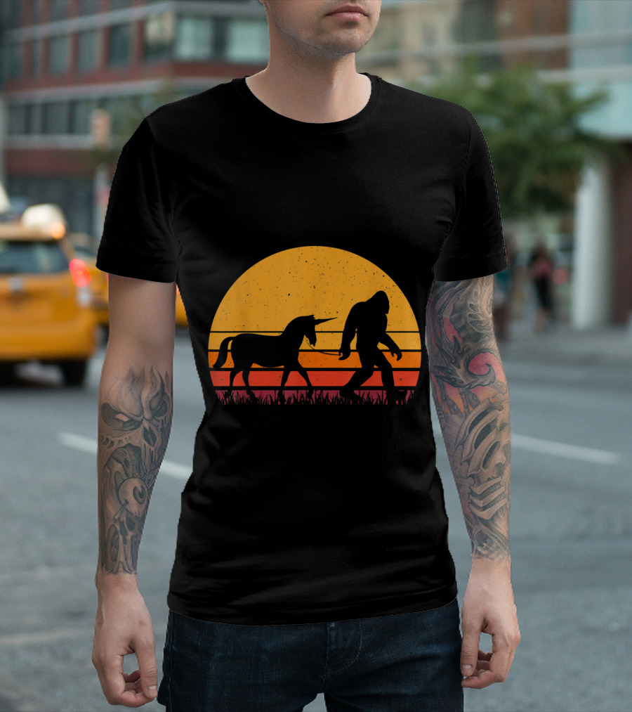 Bigfoot Sasquatch Walking Unicorn Retro Sunset T-Shirt