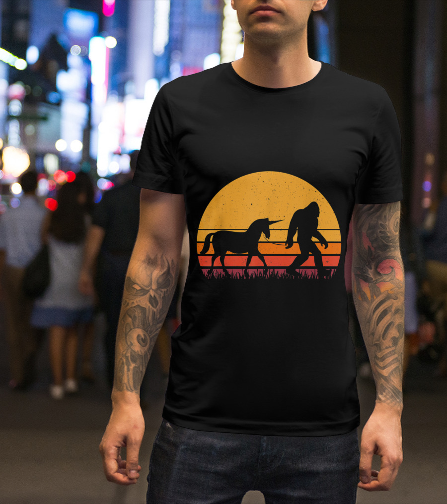 Bigfoot Sasquatch Walking Unicorn Retro Sunset T-Shirt