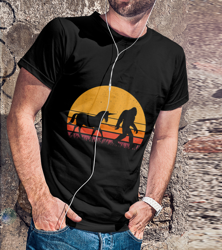 Bigfoot Sasquatch Walking Unicorn Retro Sunset T-Shirt