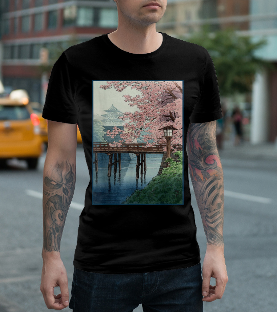 Japanese Cherry Blossom Woodblock Bridge and Pagoda Scene T-Shirt