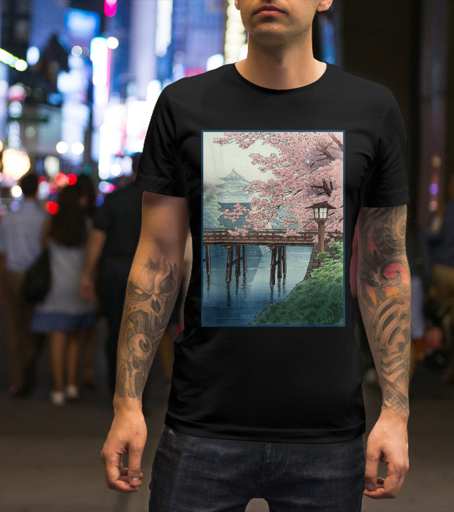 Japanese Cherry Blossom Woodblock Bridge And Pagoda Scene T-Shirt