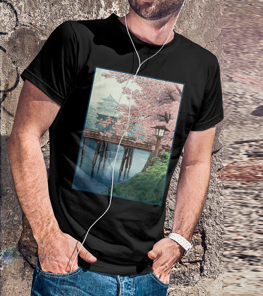 Japanese Cherry Blossom Woodblock Bridge And Pagoda Scene T-Shirt