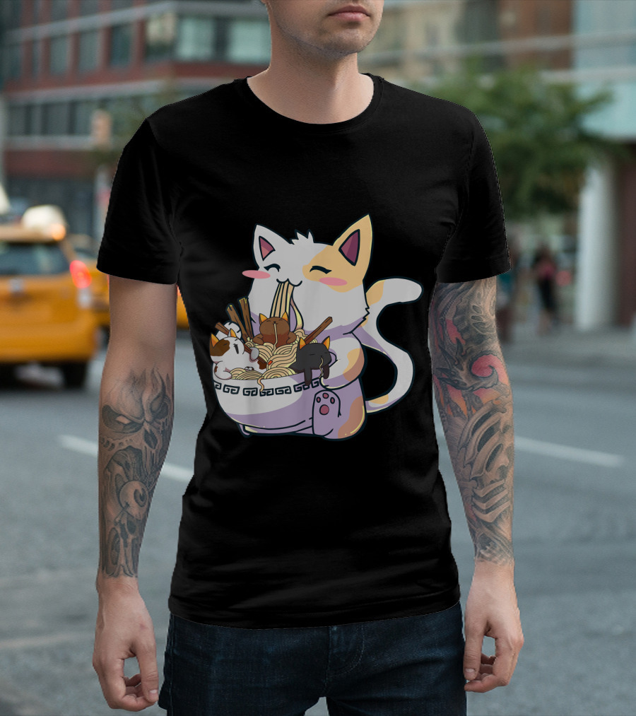 Kawaii Neko Cat with Ramen Bowl Anime Japanese Noodles and Chopsticks T-Shirt