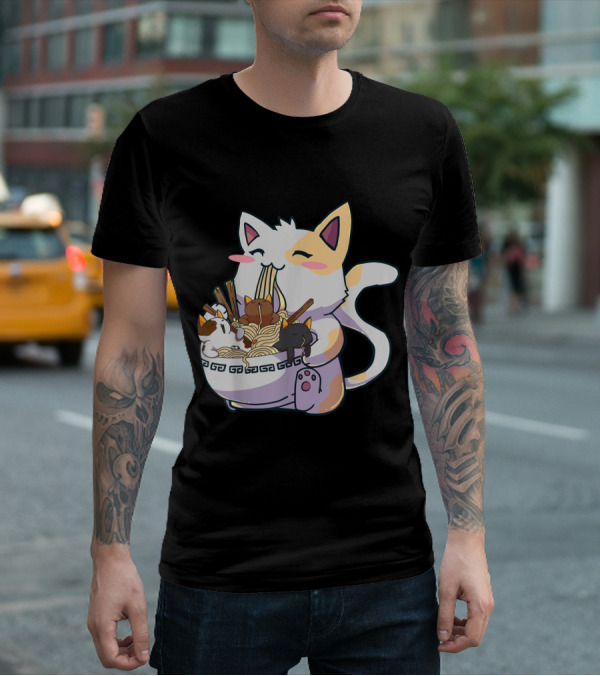 Kawaii Neko Cat With Ramen Bowl Anime Japanese Noodles And Chopsticks T-Shirt
