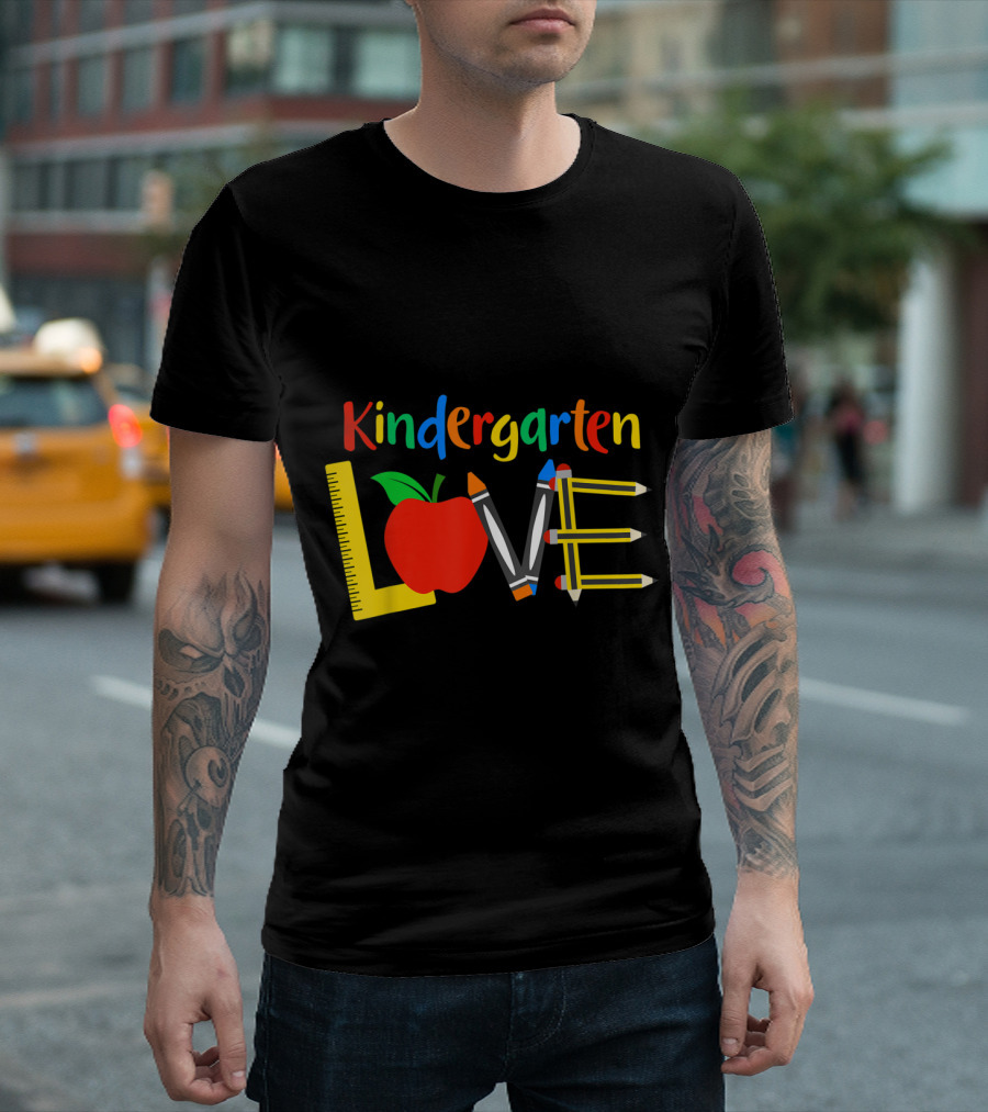 Kindergarten Love Apple Ruler Crayons Pencils T-Shirt