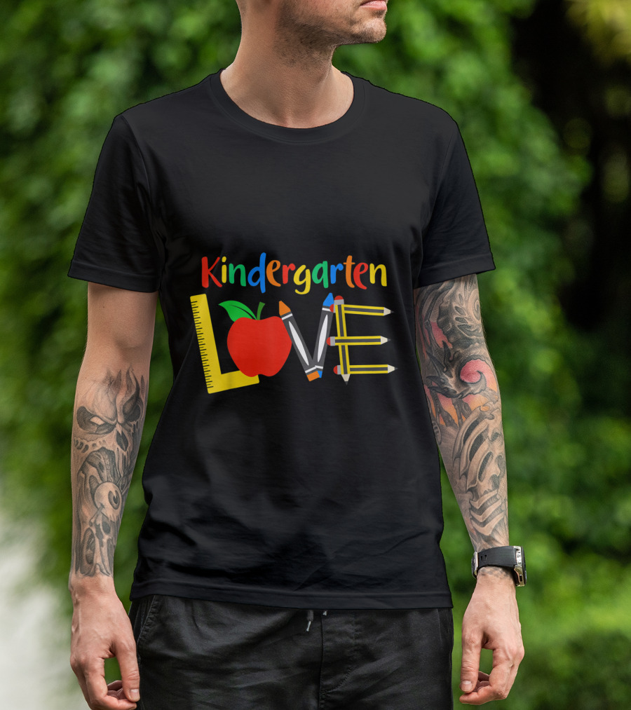 Kindergarten Love Apple Ruler Crayons Pencils T-Shirt