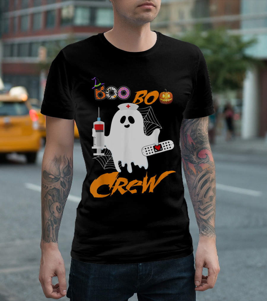 Boo Boo Crew Nurse Ghost Funny Halloween Costume With Syringe And Spider Webs T-Shirt
