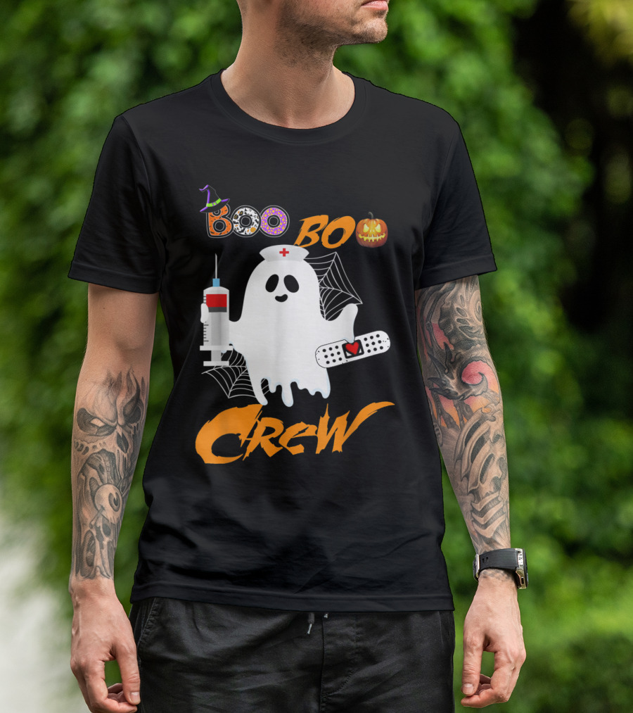 Boo Boo Crew Nurse Ghost Funny Halloween Costume With Syringe And Spider Webs T-Shirt