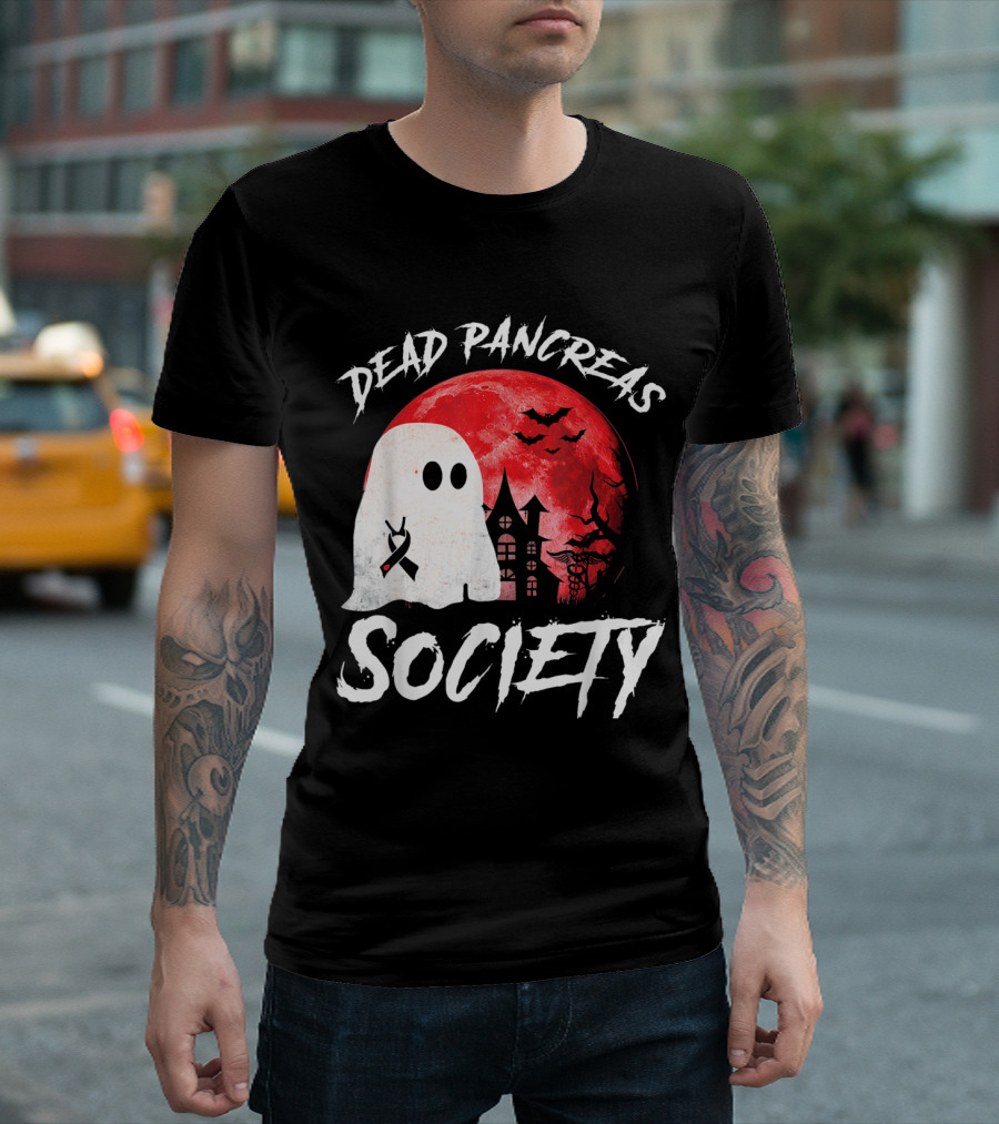 Dead Pancreas Society Halloween Ghost With Diabetes Awareness Ghostly Castle And Blood Moon T-Shirt