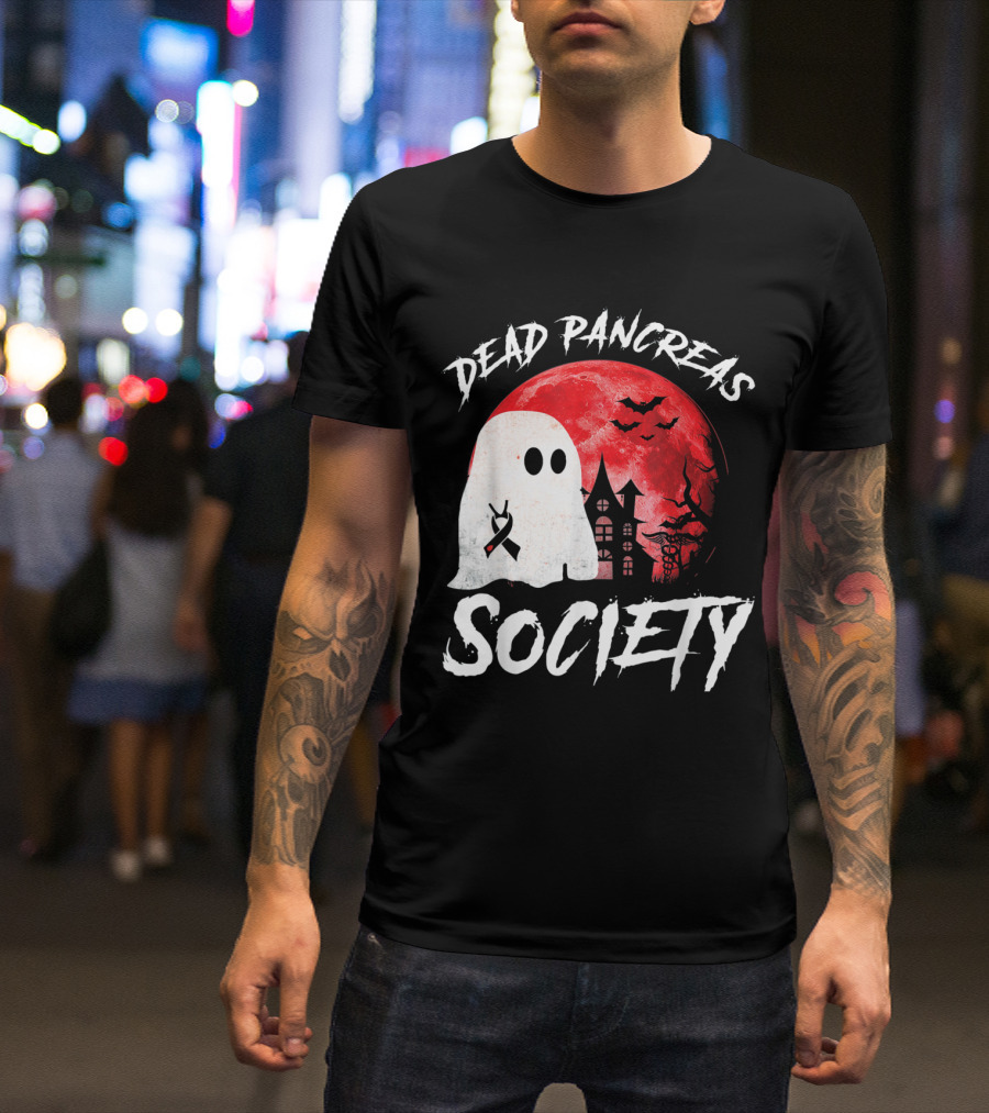 Dead Pancreas Society Halloween Ghost With Diabetes Awareness Ghostly Castle And Blood Moon T-Shirt