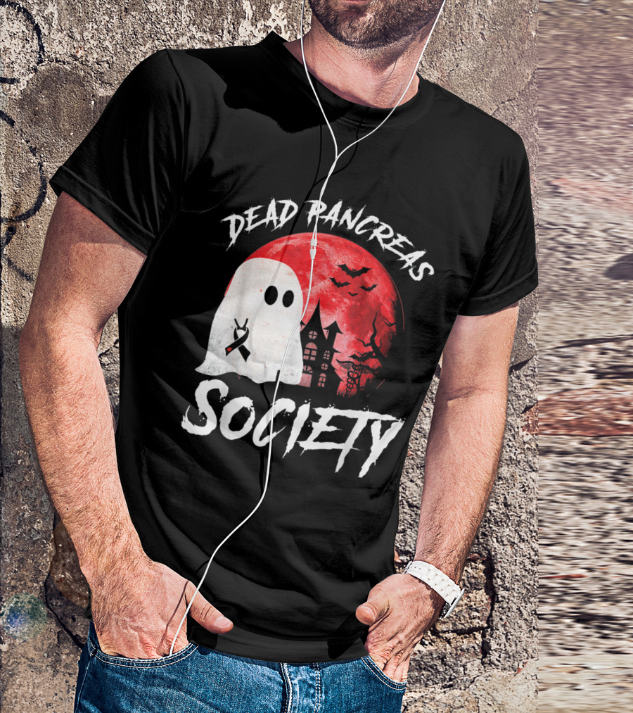 Dead Pancreas Society Halloween Ghost With Diabetes Awareness Ghostly Castle And Blood Moon T-Shirt