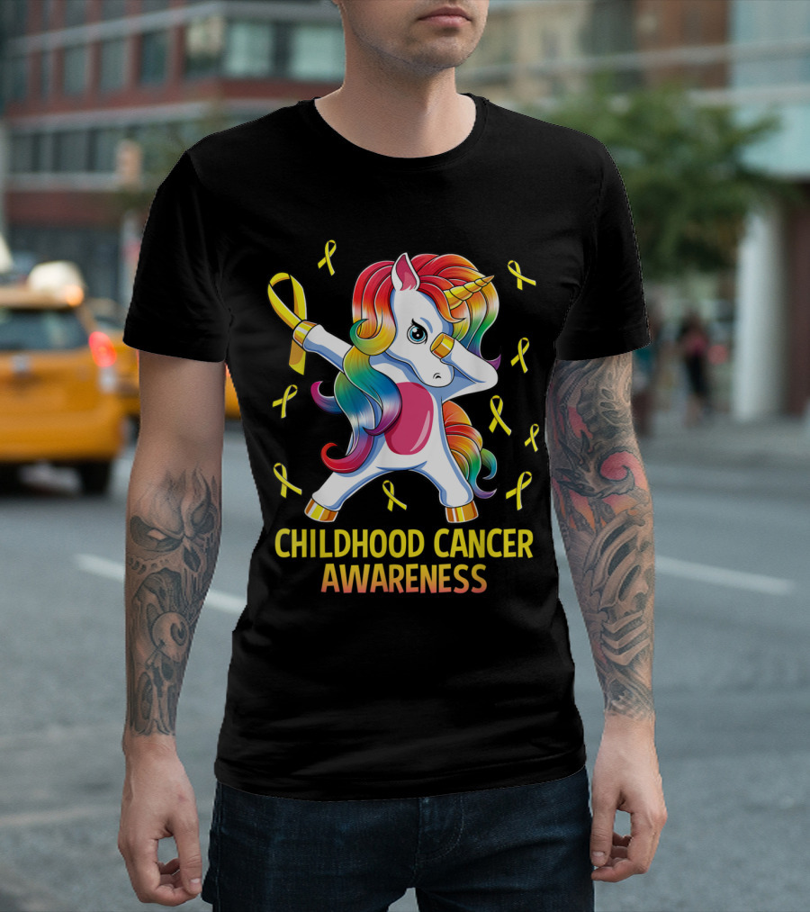Dabbing Unicorn Childhood Cancer Awareness Ribbons T-Shirt