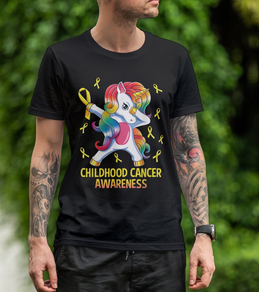 Dabbing Unicorn Childhood Cancer Awareness Ribbons T-Shirt