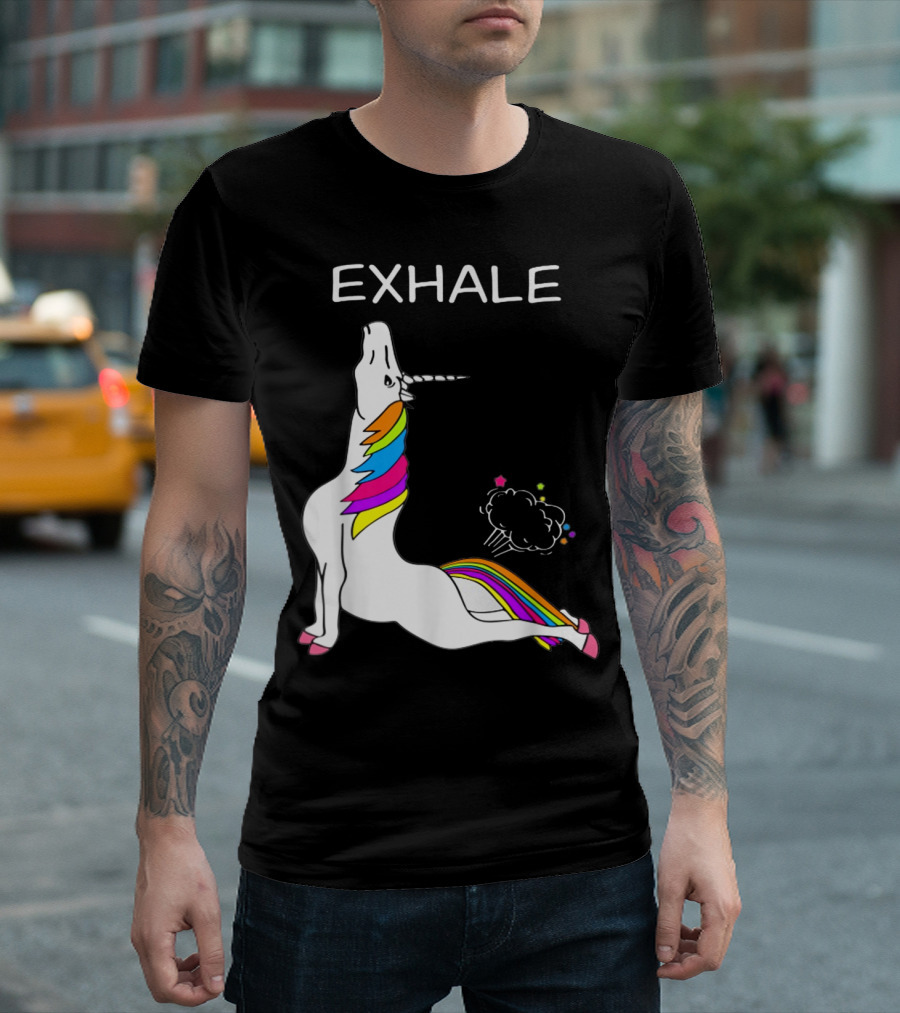 EXHALE Yoga Unicorn Funny Yoga Unicorn Exhale Fart Rainbow T-Shirt