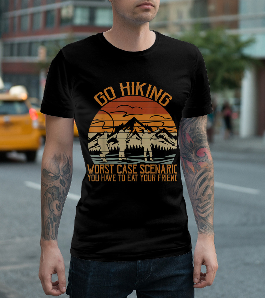 Go Hiking Worst Case Scenario You Have To Eat Your Friend Retro Mountain Sunset T-Shirt
