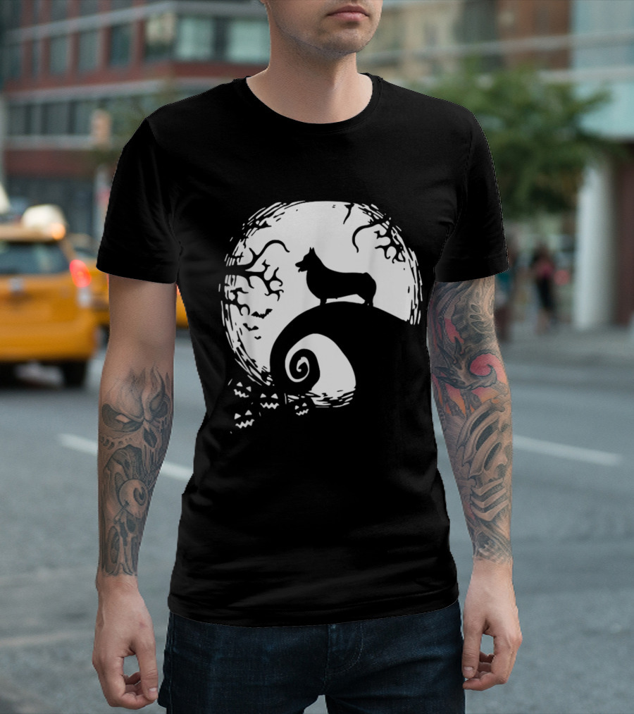 Cardigan Welsh Corgi Howling On Spiraled Hill Under Full Moon With Creepy Trees And Bats T-Shirt