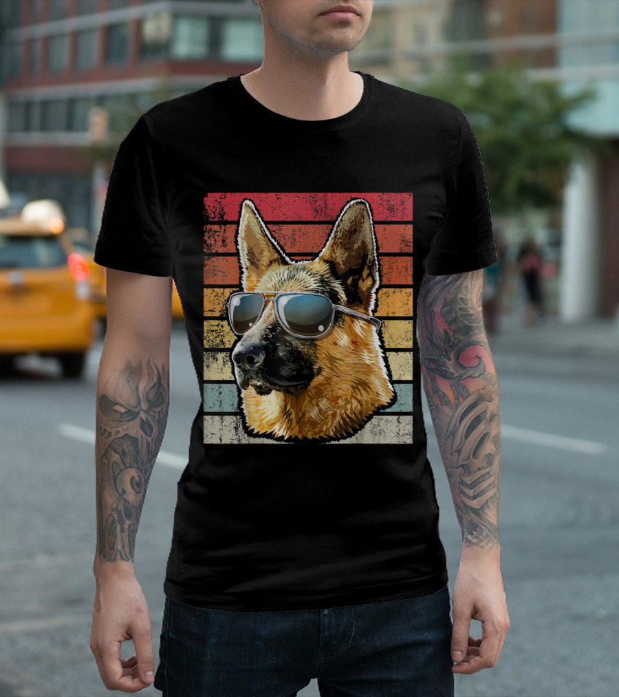 Retro Vintage German Shepherd Dog Sunglasses Stripes T-Shirt