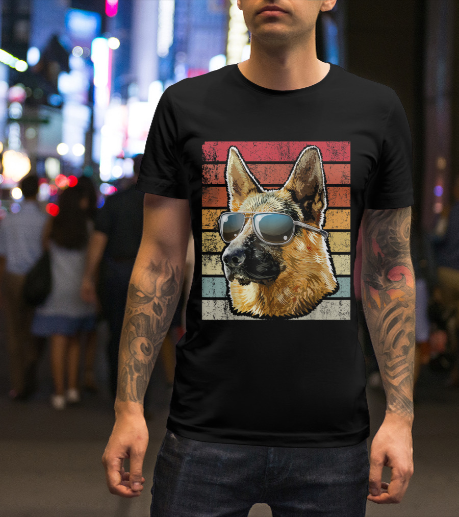 Retro Vintage German Shepherd Dog Sunglasses Stripes T-Shirt