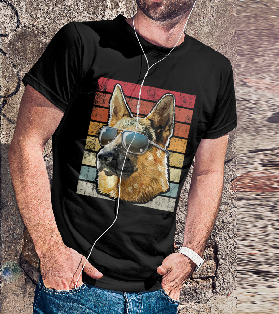 Retro Vintage German Shepherd Dog Sunglasses Stripes T-Shirt