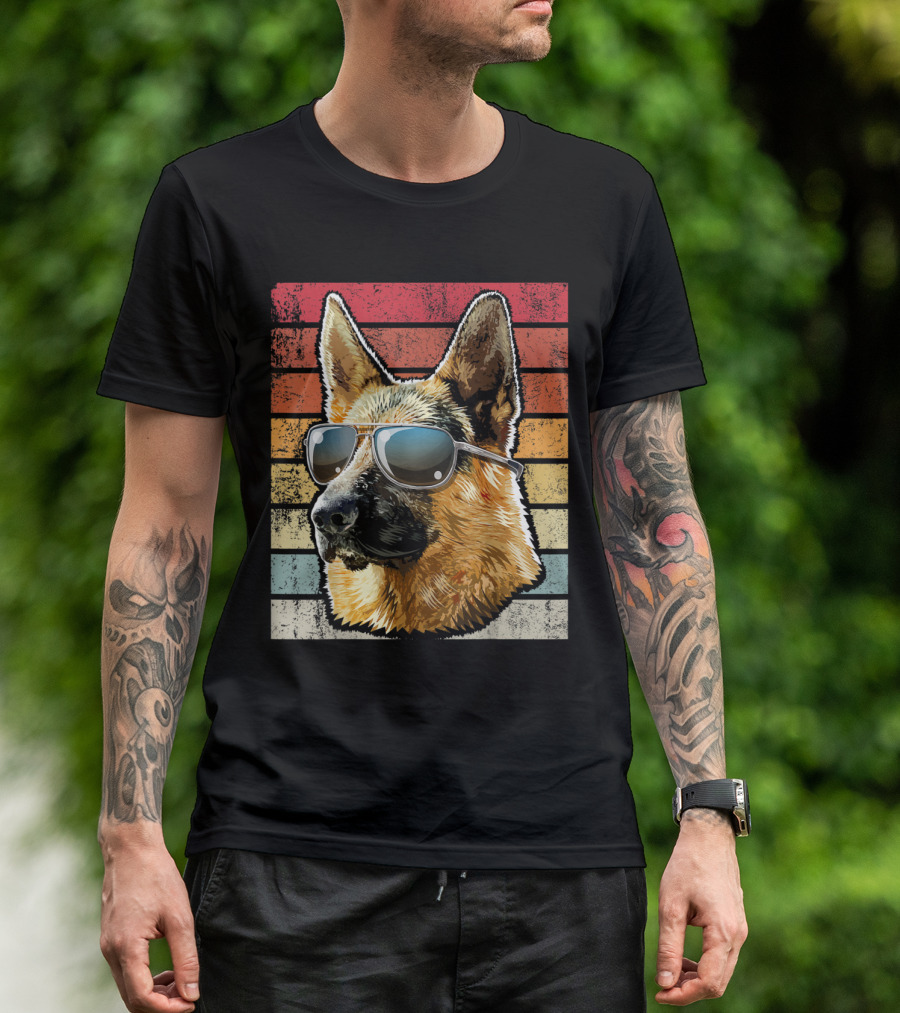 Retro Vintage German Shepherd Dog Sunglasses Stripes T-Shirt