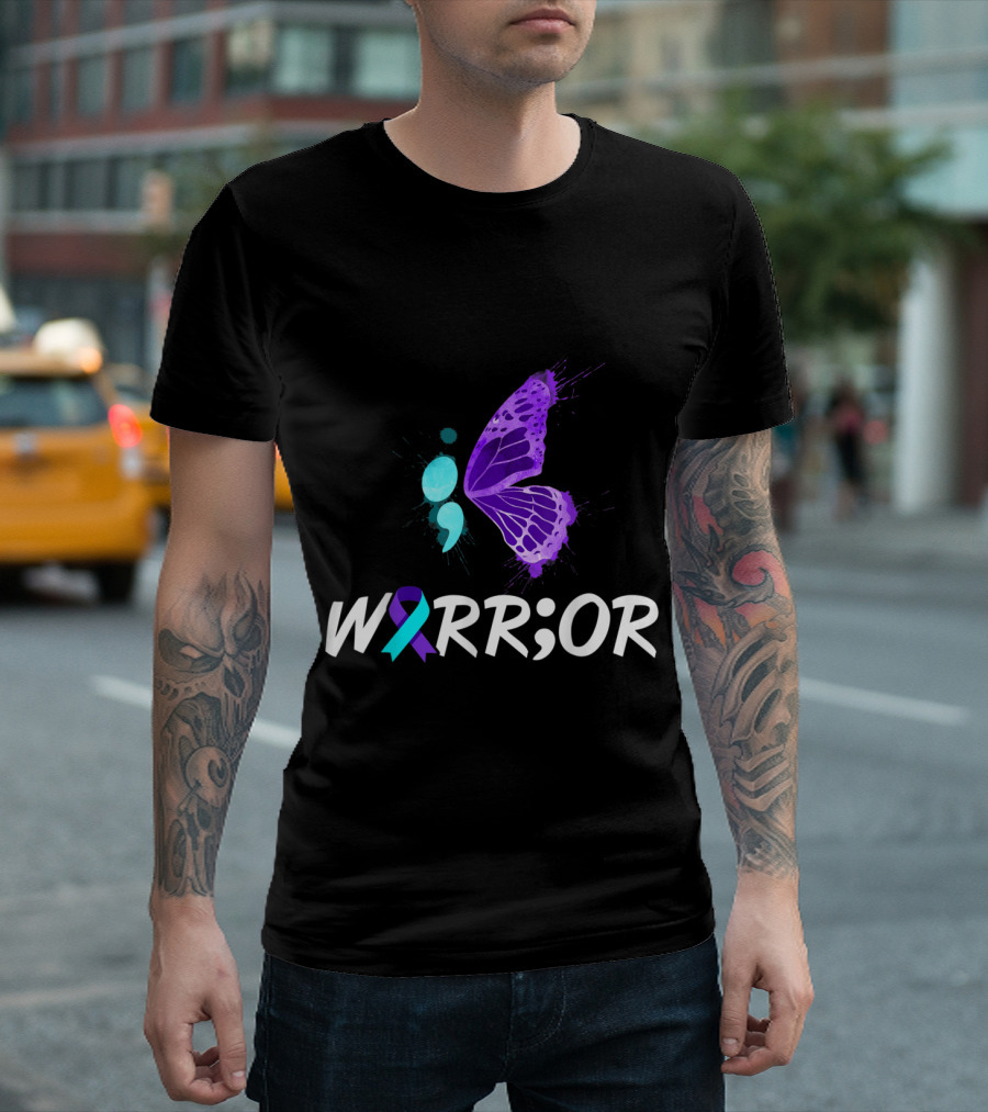 WARRIOR Semicolon Butterfly With Awareness Ribbon For Suicide Prevention Awareness T-Shirt