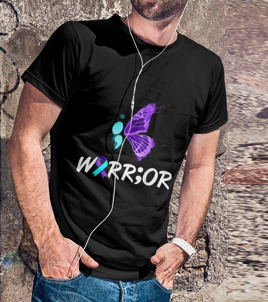 WARRIOR Semicolon Butterfly With Awareness Ribbon For Suicide Prevention Awareness T-Shirt