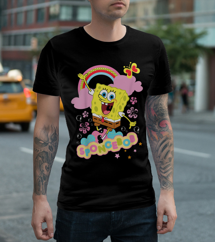 SpongeBob SquarePants Rainbow Clouds Bubbles Butterfly Flowers Stars T-Shirt