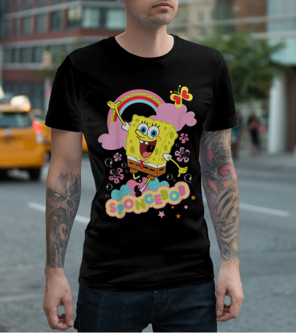 SpongeBob SquarePants Rainbow Clouds Bubbles Butterfly Flowers Stars T-Shirt