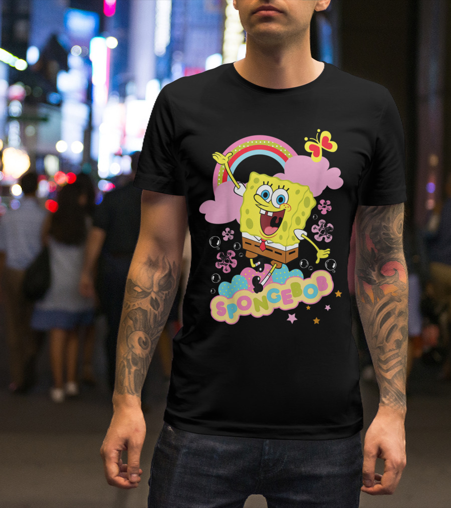 SpongeBob SquarePants Rainbow Clouds Bubbles Butterfly Flowers Stars T-Shirt