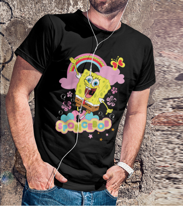 SpongeBob SquarePants Rainbow Clouds Bubbles Butterfly Flowers Stars T-Shirt