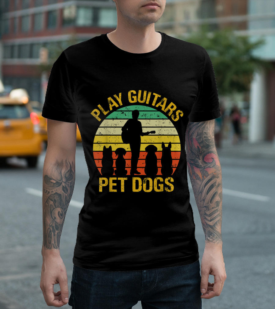 Retro Vintage Play Guitars Pet Dogs Silhouette Sunset T-Shirt